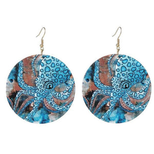 Blue Ocean Jewelry -  Round Wooden Printed Octopus Dangle Earrings